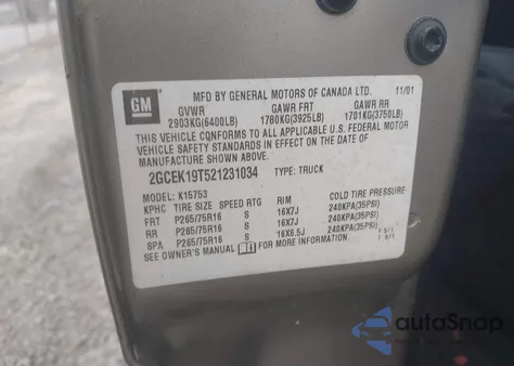 2002 Chevrolet Silverado K1500 z USA, uszkodzony, nr VIN 2GCEK19T521231034